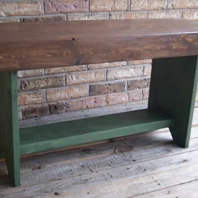 Rustic bench.  shabby chic green  bench distressed and glazed. primitive styling.