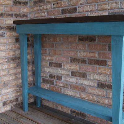 Hall or sofa table, with tapered legs.  distressed and glazed.   blue with walnut stained top.