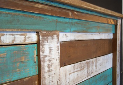 Shabby chic reclaimed queen bed set.  rustic headboard, foot board, and rails.  reclaimed queen bed distressed with teal and white