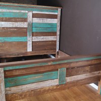 Shabby Chic Reclaimed Queen Bed Set.  Rustic Headboard, Foot Board, and rails.  Reclaimed Queen Bed distressed with teal and white - Thumbnail 1