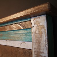Shabby Chic Reclaimed Queen Bed Set.  Rustic Headboard, Foot Board, and rails.  Reclaimed Queen Bed distressed with teal and white - Thumbnail 2