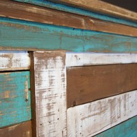 Shabby Chic Reclaimed Queen Bed Set.  Rustic Headboard, Foot Board, and rails.  Reclaimed Queen Bed distressed with teal and white - Thumbnail 4