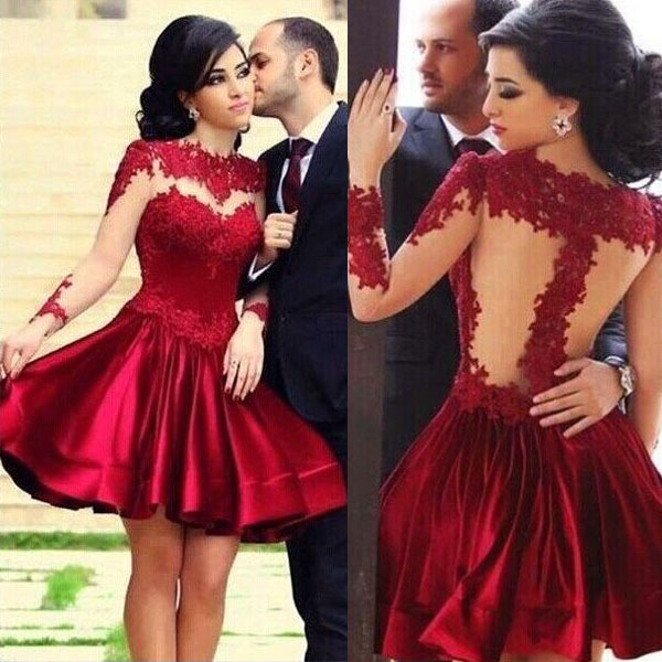 red homecoming dress, short homecoming dress, sexy homecoming dress, lace sleeves dress, party prom dress, charming prom dress, E194