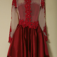 red homecoming dress, short homecoming dress, sexy homecoming dress, lace sleeves dress, party prom dress, charming prom dress, E194 - Thumbnail 2