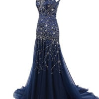 long prom dress, navy prom dress, mermaid prom dress, sparkle prom dress, party prom dress, prom dress gown, E285 - Thumbnail 1
