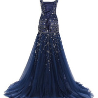 long prom dress, navy prom dress, mermaid prom dress, sparkle prom dress, party prom dress, prom dress gown, E285 - Thumbnail 2