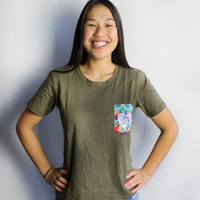 Women's Contrast Pattern Pocket Tee - Green Geo - Thumbnail 1