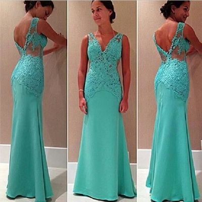 Long prom dress, tiffany blue prom dress, lace prom dress, v-neck prom dress, party prom dress, long evening dress, e314 - Thumbnail 4
