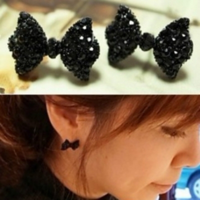 Black rhinestone bow tie earrings