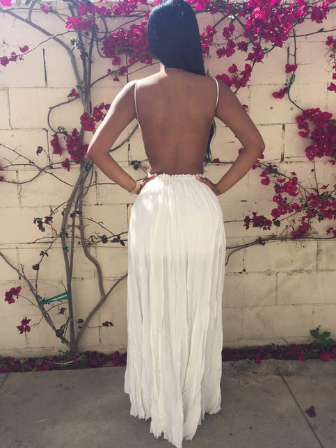 White Lace Spliced Open Back Maxi Dress