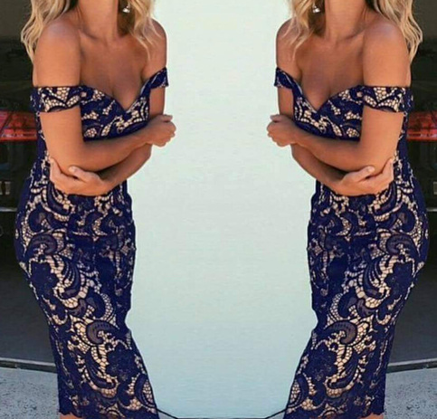 Blue Strapless Lace Stitching Short Sleeved Dress