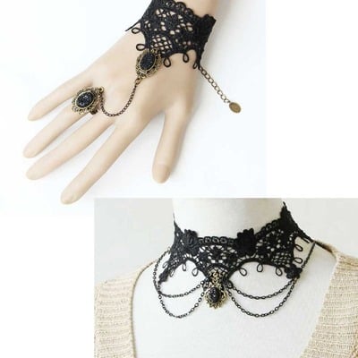 Black vintage lace victorian goth cocktail party bridal bracelet necklace set