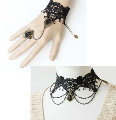 Black Vintage Lace Victorian Goth Cocktail Party Bridal Bracelet Necklace Set