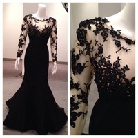 long prom dress, black prom dress, mermaid prom dress, lace sleeves dress, party prom dress, long evening dress, E623 - Thumbnail 1