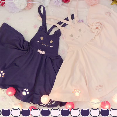 Cat embroidery soft girl strap dress ear