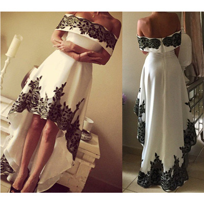 Lace off shoulder prom dress, hi-lo prom dress, cheap prom dress, party prom dress, white prom dress with black lace, evening dress, e6120 - Thumbnail 4