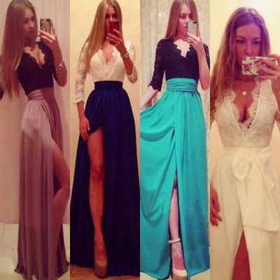 Long prom dress, sexy prom dress, lace sleeves prom dress, cheap prom dress, v-neck prom dress, long evening dress, e6113 - Thumbnail 5