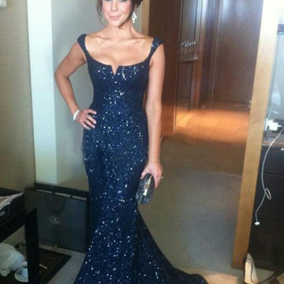 Dark navy prom ball, sparkle party prom dress, mermaid prom dress, charming prom dress, cheap evening dress, e6118