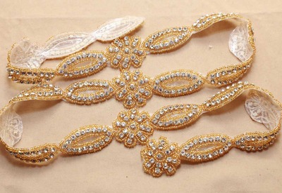 1 yard gold Flower Rhinestone Crystal Dress Sash Iron/Sew on Applique trim