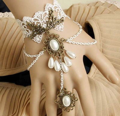 White Brass Embrodiery Lace Bracelet Victorian Lolita Slave Ring