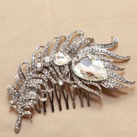 Vintage Style Feather Girls Rhinestone Wedding Bridal Tiara Bride Hair Comb - Thumbnail 2