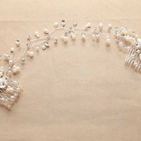 SILVER Bridal Wedding Bride Rhinestone Crystal Swarovski Pearl tiara Headband Combs - Thumbnail 4