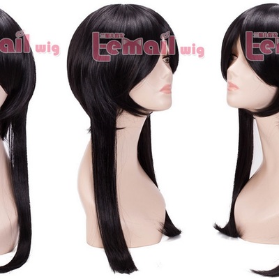 Long straight synthetic black cosplay wig with ponytail