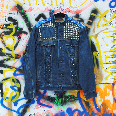 Spiked and studded paisley denim jacket
