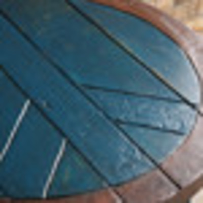 Engraved peace symbol in a side table, coffee table shabby chic rustic style table