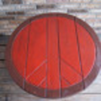 Engraved peace symbol in a side table, coffee table shabby chic rustic style table