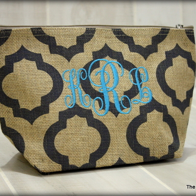 Monogrammed burlap cosmetic bag