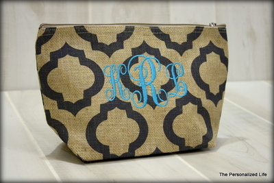 Monogrammed Burlap Cosmetic Bag