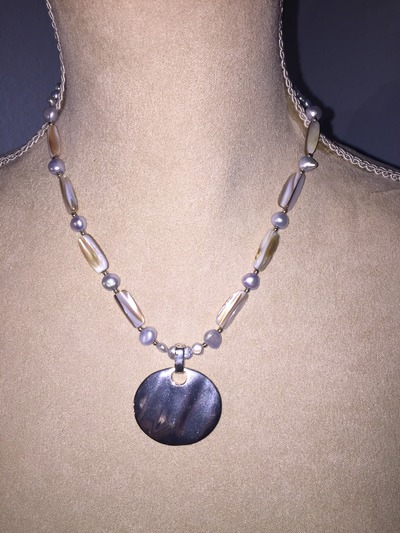 Shell Beads with Silver Pendant
