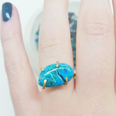 Chrysocolla brass ring size 7 turquoise gemstone ring