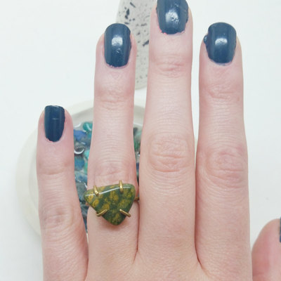 Brass jasper ring size 6 green yellow gemstone ring