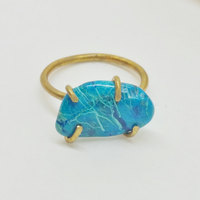 Chrysocolla Brass Ring Size 7 Turquoise Gemstone Ring - Thumbnail 1
