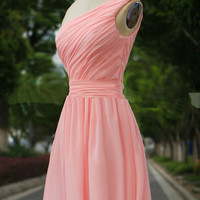 Cute Simple Pink Short One Shoulder Bridesmaid Dresses, Short Bridesmaid Dresses, Pink Bridesmaid Dresses - Thumbnail 2