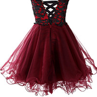 Charming Wine Red Tulle Short Lace Up Prom Gown 2016, MIni Prom Dresses, Burgundy Homecoming Dresses,Formal Wear - Thumbnail 1