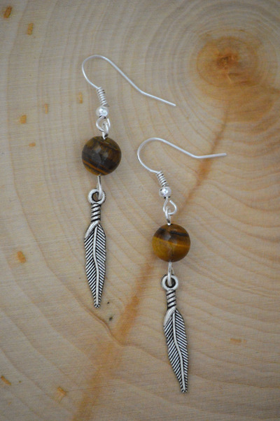 Tiger's Eye and Feather Charm Earrings