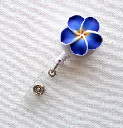 Royal blue plumeria flower - id badge holder - flower badge reel - name badge holder  - pretty id badge clip - nursing badge  - nurse gift