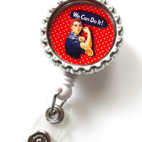 Rosie the Riveter Red Polka Dot  - Name Badge Holder - Cute Badge Reels - ID Badge Holder - ID Badge Reel -  Nurse ID Badge Clip - Thumbnail 1