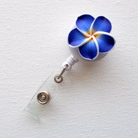 Royal Blue Plumeria Flower - ID Badge Holder - Flower Badge Reel - Name Badge Holder  - Pretty ID Badge Clip - Nursing Badge  - Nurse Gift - Thumbnail 3