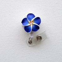 Royal Blue Plumeria Flower - ID Badge Holder - Flower Badge Reel - Name Badge Holder  - Pretty ID Badge Clip - Nursing Badge  - Nurse Gift - Thumbnail 5