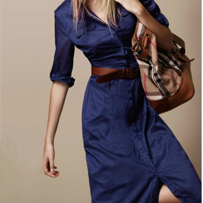 Fashion catwalk slim dark blue polo collar dress with belt