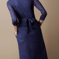 FASHION CATWALK SLIM DARK BLUE POLO COLLAR DRESS WITH BELT - Thumbnail 5