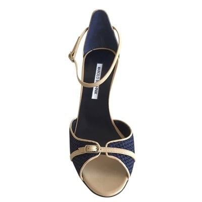 Manolo blahnik navy & tan open toe ankle strap heels