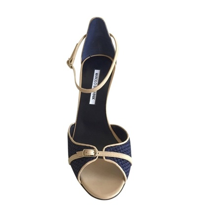 MANOLO BLAHNIK Navy & Tan Open Toe Ankle Strap Heels