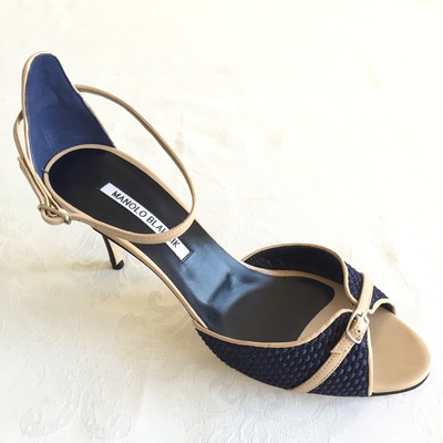 Manolo blahnik navy & tan open toe ankle strap heels