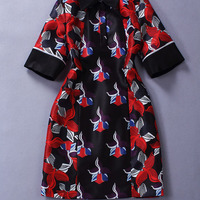 ELBOW SLEEVE JACQUARD BODYCON POLO COLLAR SLIM DRESS - Thumbnail 4