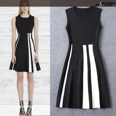 Black white striped slim round neck sleeveless dress